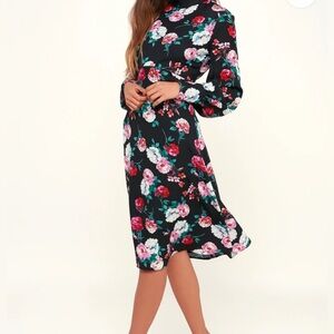 Lulu’s Garden Gal Black Floral Print Mock Neck Long Sleeve Midi Dress